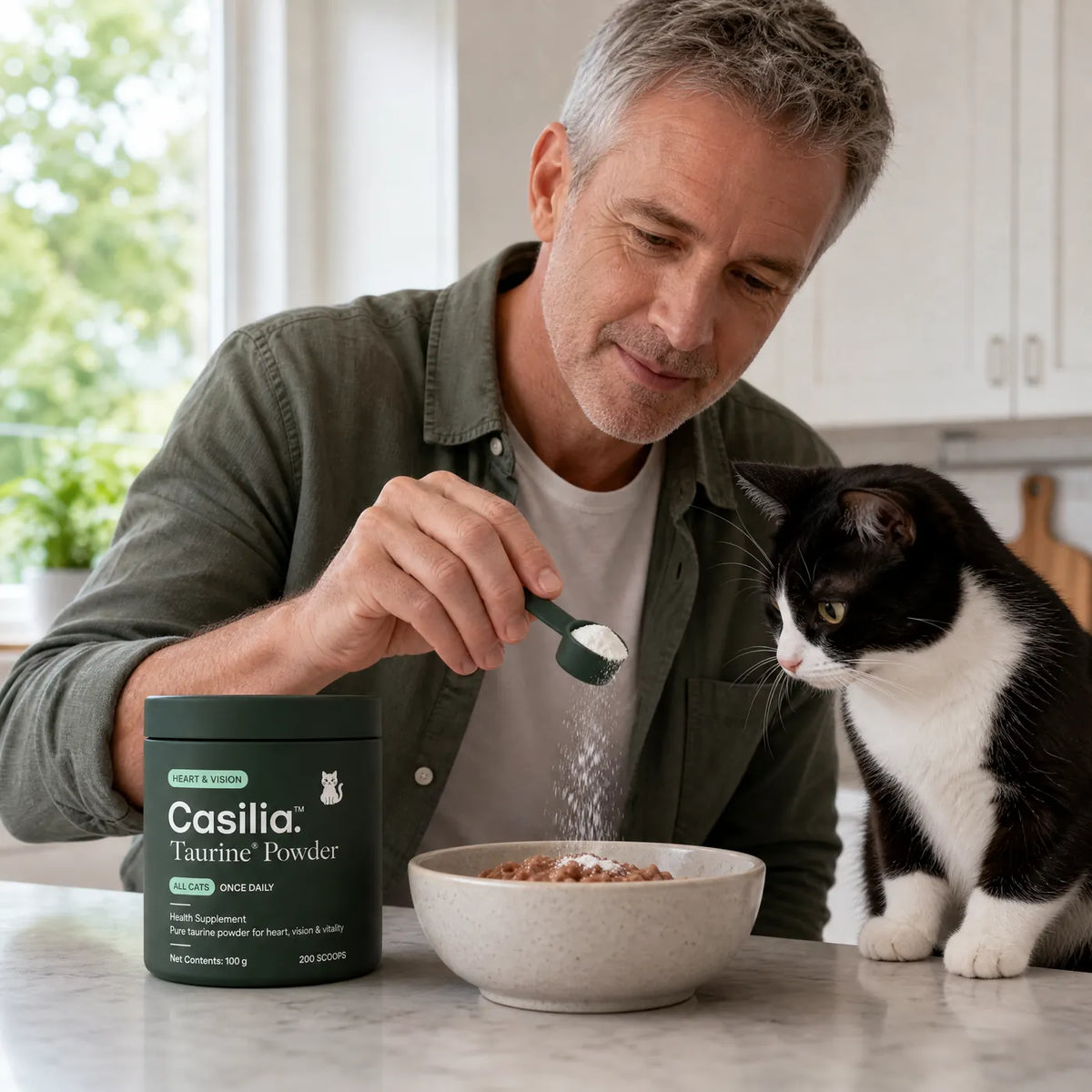 Open Casilia™ Taurine tub with powder and scoop: 98.5 % pure, 30 servings, 30-day money-back guarantee