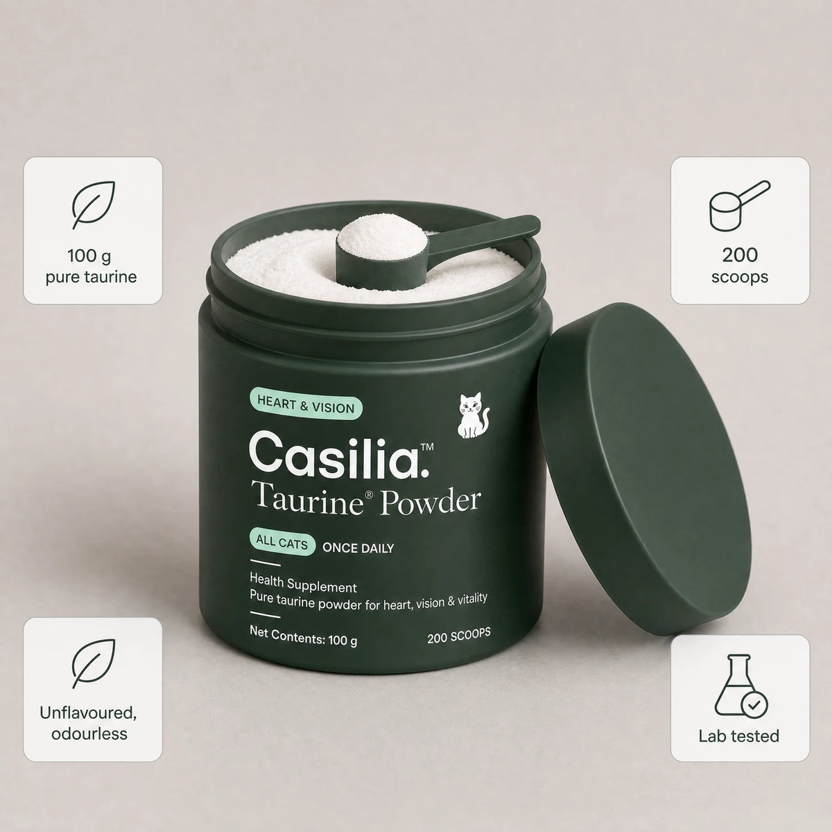 Cat eating from a bowl, the Casilia™ Taurine tub beside it