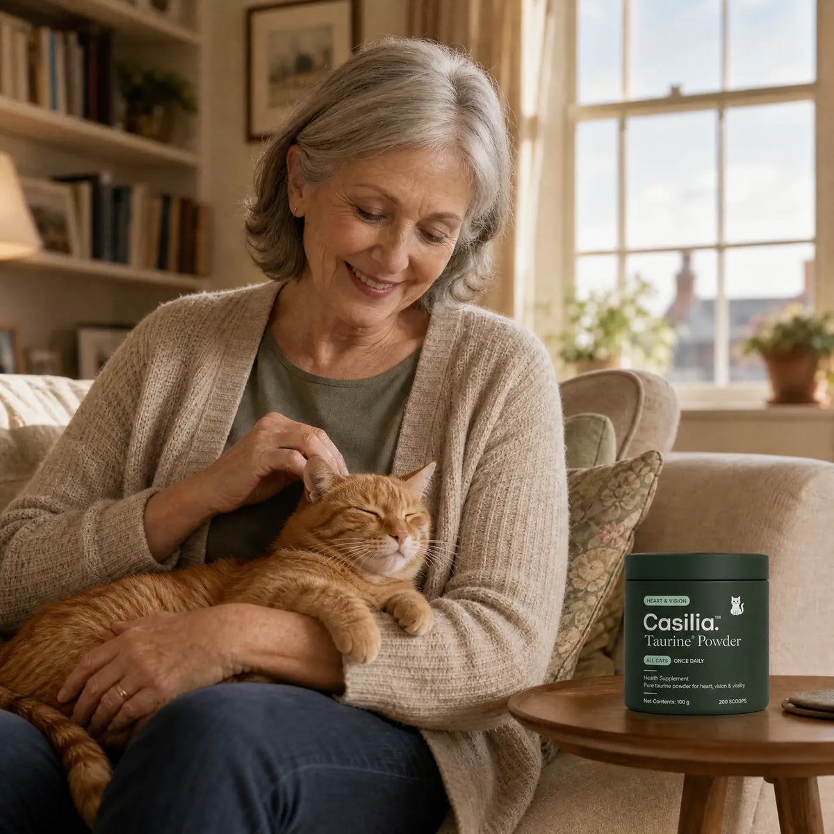 Cat eating kibble with taurine powder next to the Casilia™ Taurine tub
